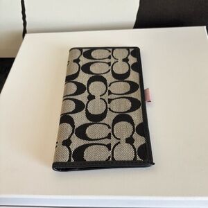 Coach Black and Tan Signature Checkbook Wallet with Pink Tab